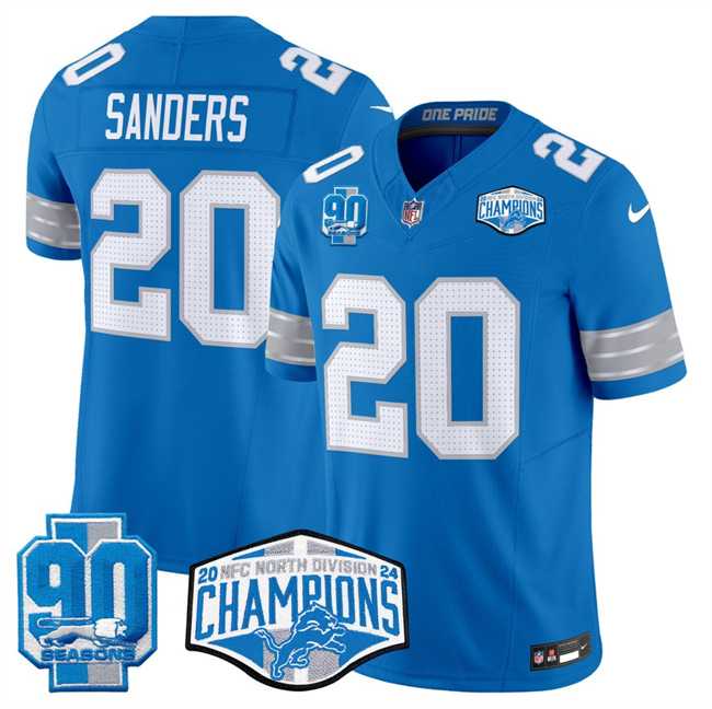 Mens Detroit Lions #20 Barry Sanders Blue 2024 NFC North Champions 90th Anniversary Patch F.U.S.E. Vapor Limited Stitched Jersey